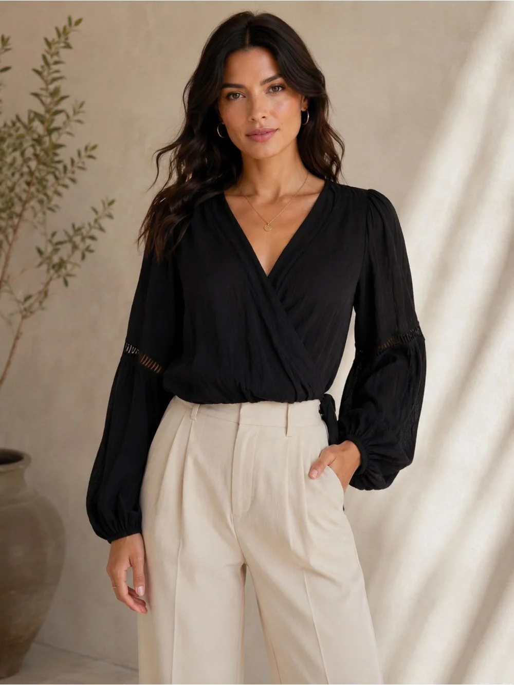Free People Black Puff Sleeve Wrap Blouse